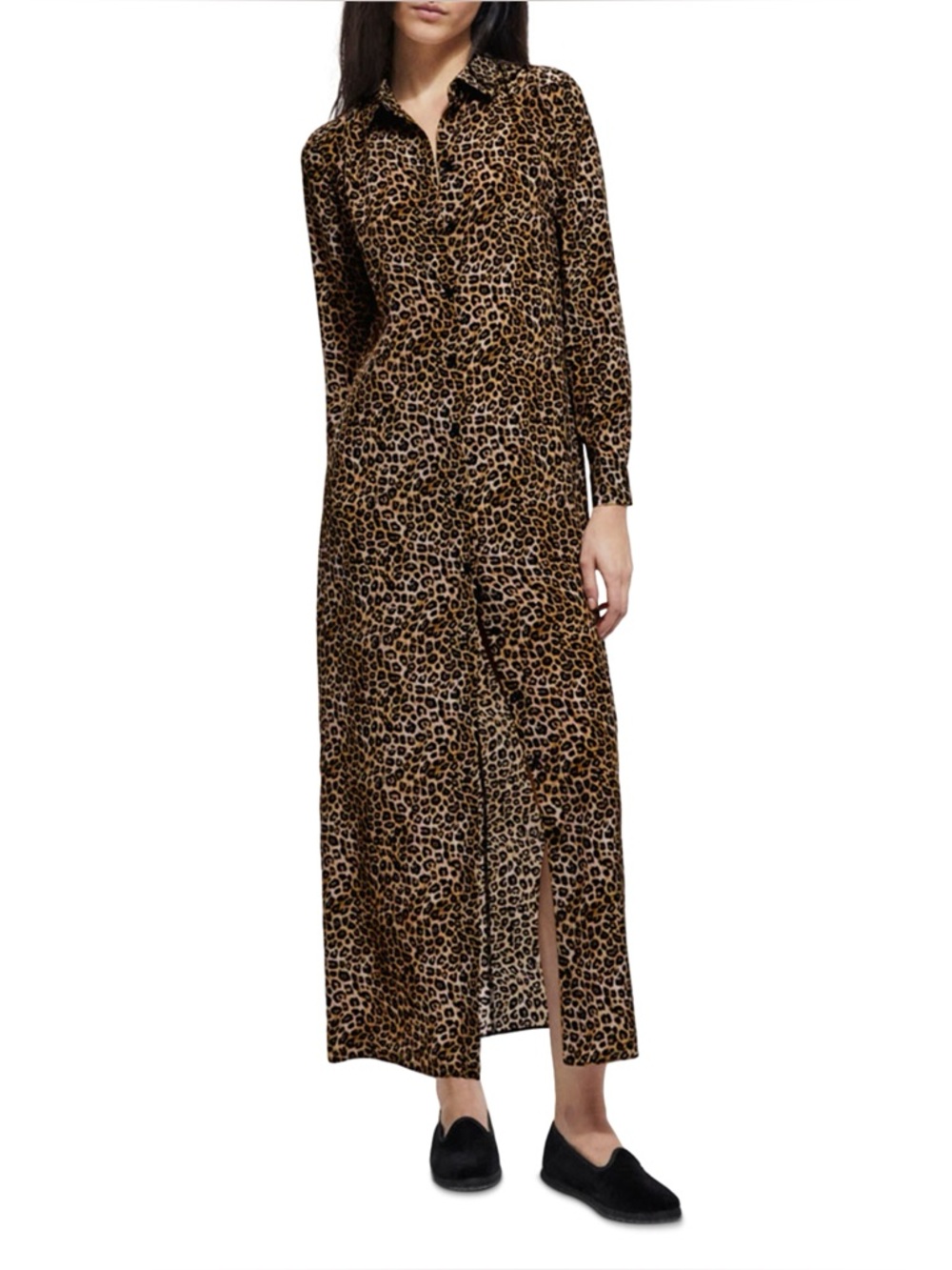 The Kooples 100% Silk Leopard-Print Full Button Maxi Dress - Tan & Black